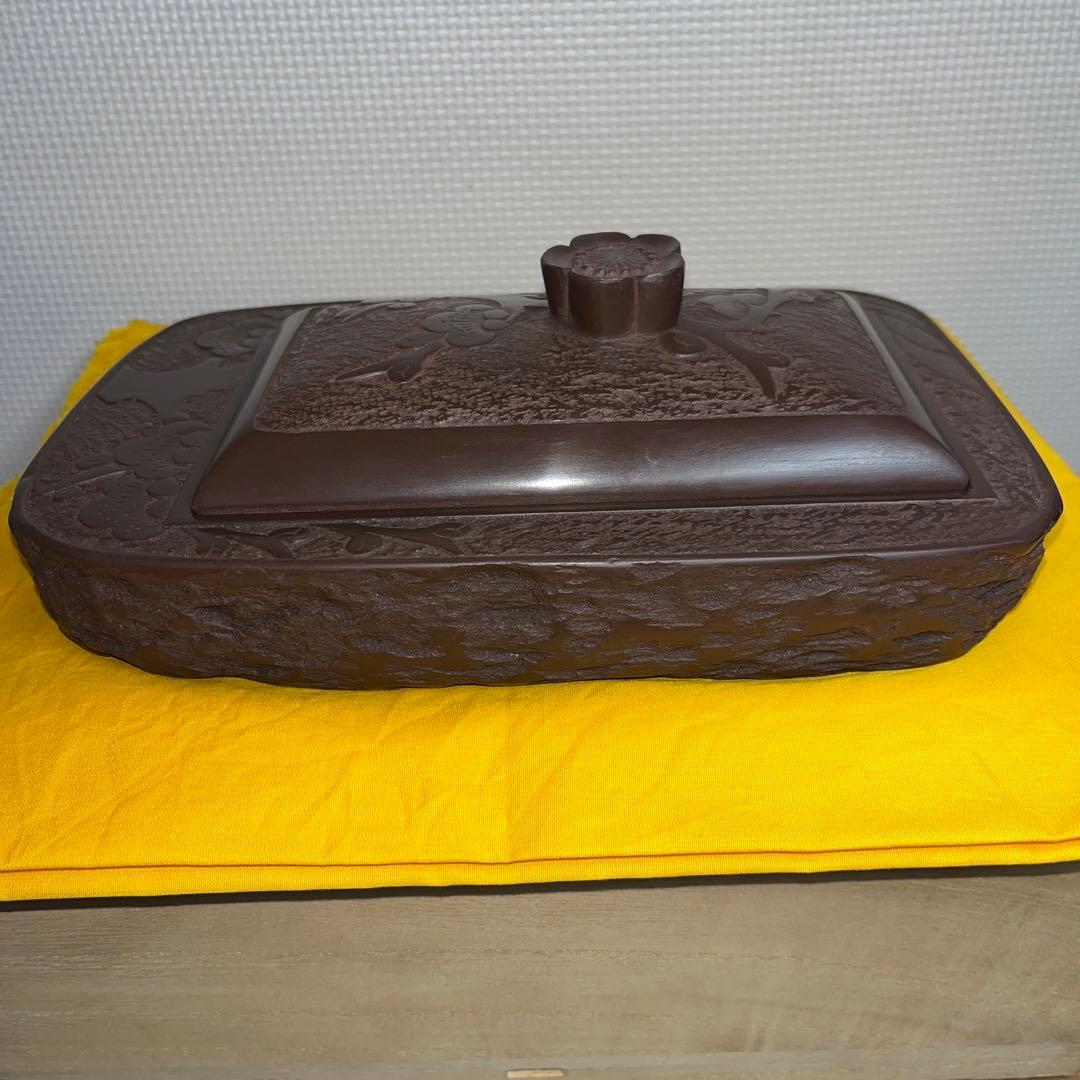 ⭕️赤間硯　大型共蓋付き硯　清風作　新品美品　梅花彫刻　20cm超え　墨持ち良い