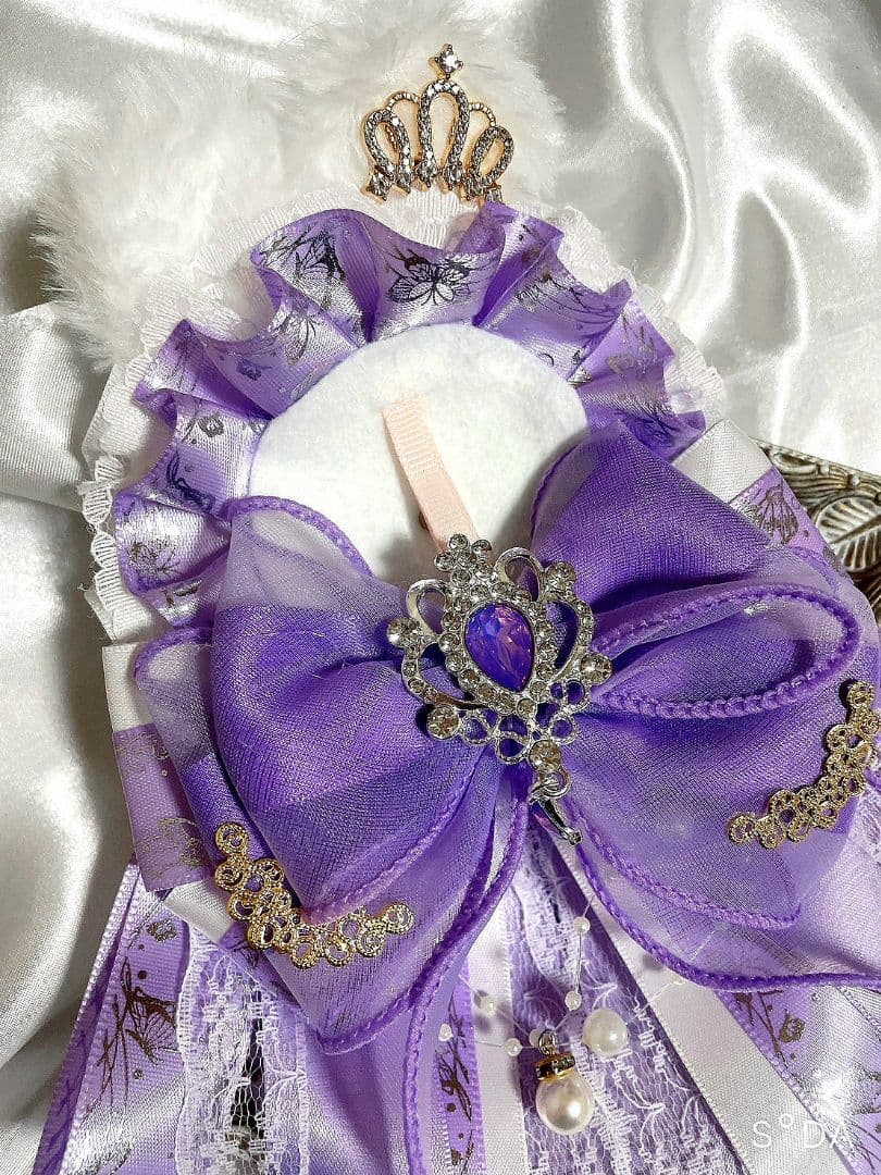 SALE❦ふわふわうさ耳痛ゴージャスロゼット❦蝶々グログラン白×紫×水色