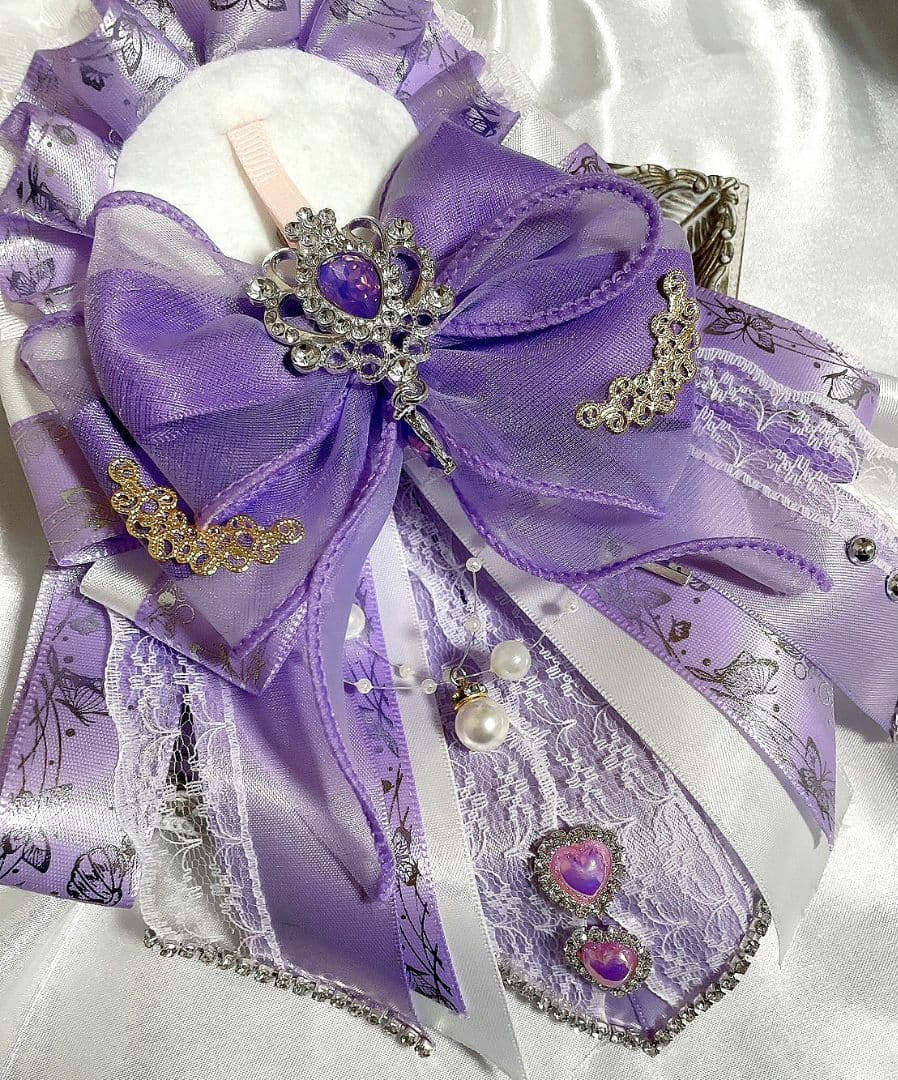 SALE❦ふわふわうさ耳痛ゴージャスロゼット❦蝶々グログラン白×紫×水色