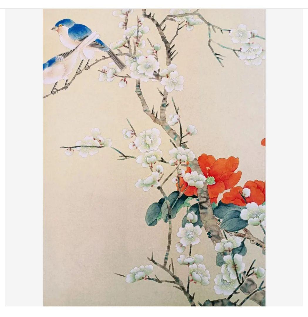 秀芳 幸せを運ぶ☘ルリビタキ桜椿画 共箱付き 花鳥 掛け軸 茶 和室 インテリア