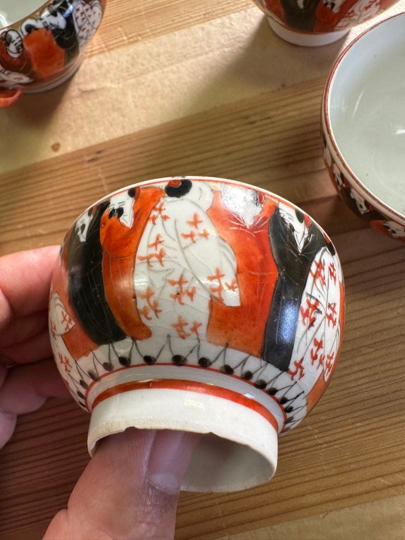 九谷焼6点セート，茶具，茶器，古九谷，百壽老人，赤繪，骨董，インテリア，九谷焼，
