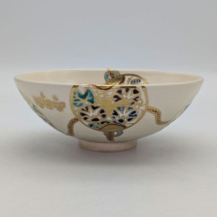 宮川香林 京焼 団扇つなぎ平茶盌 共箱合布栞 色絵金彩 抹茶碗 抹茶茶碗 茶道具