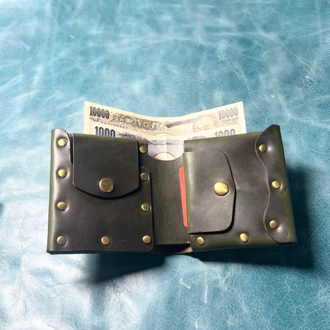 ハンドメイド　二つ折り　革財布　クロムエクセル　緑色　真鍮　cx-hw-000