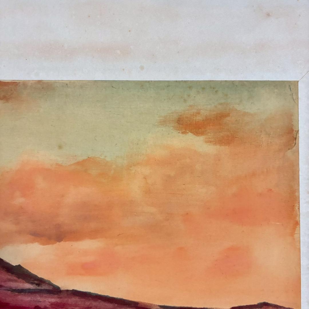 濱孤嘯「高原夕映」日本画 肉筆画 署名落款有 額縁入 風景画 日本美術院印友