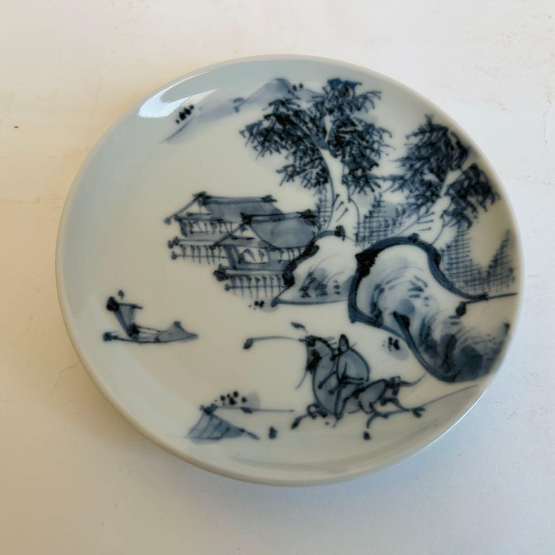 【未使用】清水焼 陶器 染付 山水 瑞昭 蓋付き 茶碗蒸し 煮物椀 小皿 5客揃