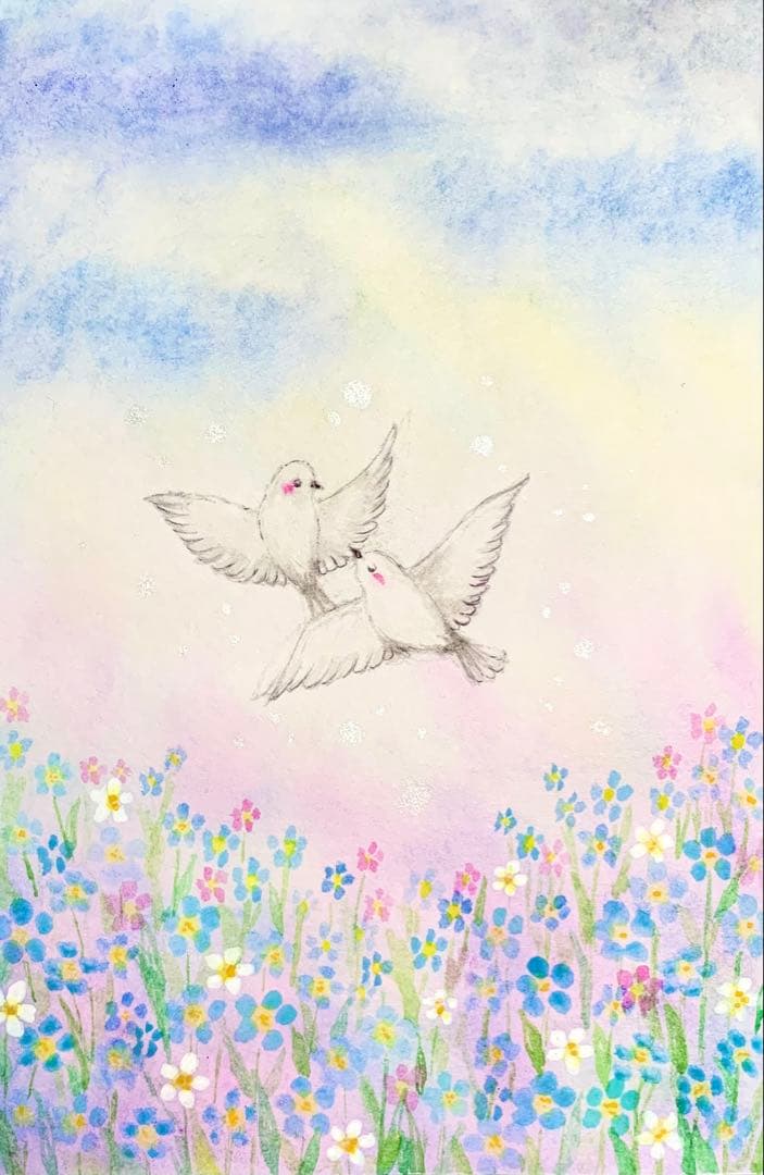 みみ水彩画 勿忘草と小鳥たち　値段は※900円です