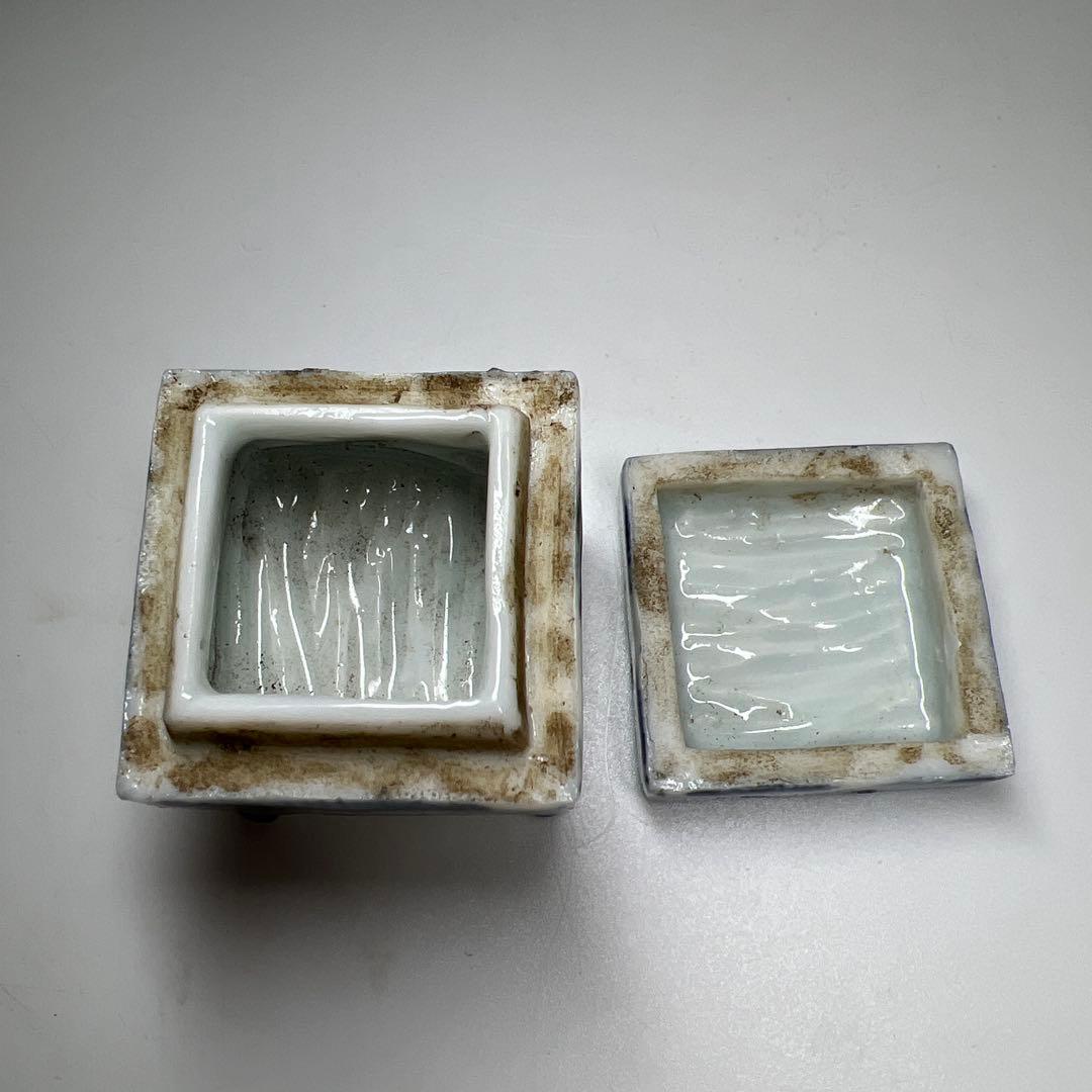 古代　古染付　四足香合　木箱付　高さ約5㎝　東Y8-0312☆2Fタルオル
