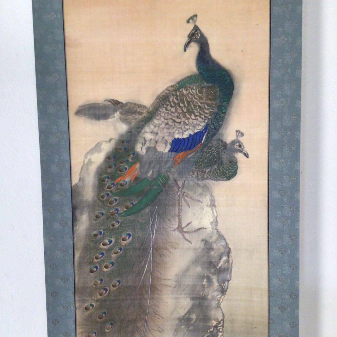 No3309 掛軸　在銘　頼玉　花鳥画　彩色双孔雀牡丹図　絹本　古美術　送料無料