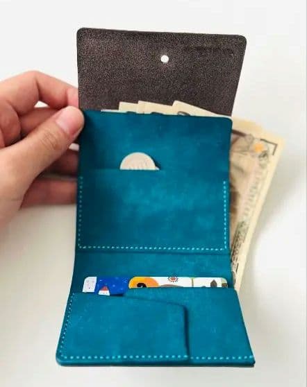 お札を折らない三つ折り財布【グレー×ターコイズ】ミニ財布　イタリアンレザー