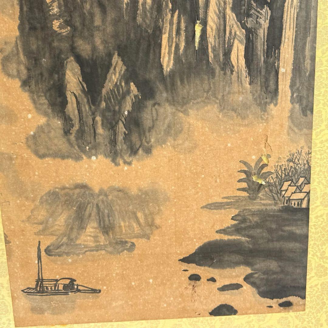 中国山水画 漓江烟雲 水墨画 甲子 季夏 画於 於水 1924年 壁掛け 茶道具