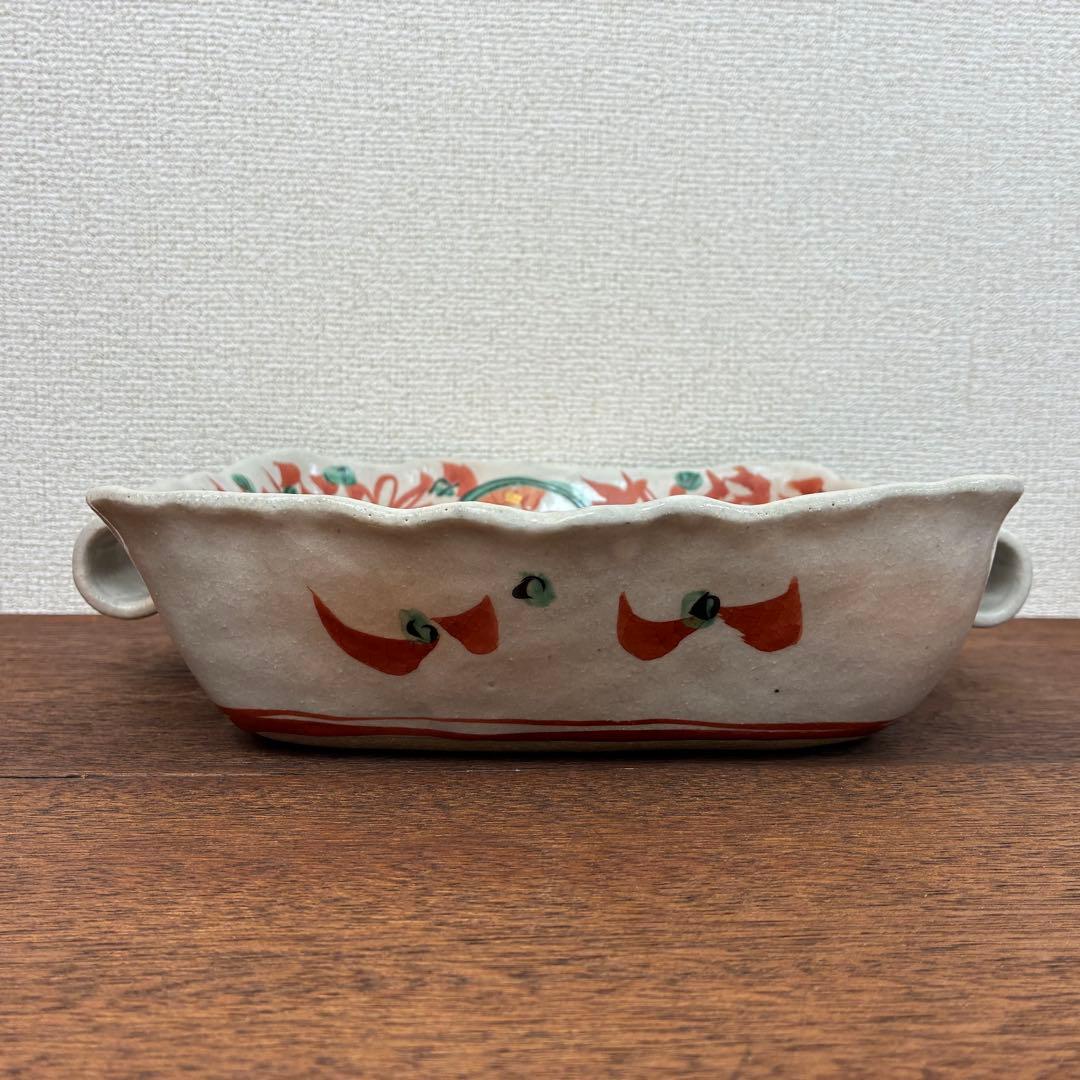 美濃焼 角皿 赤絵花文 耳付き 大鉢 金彩