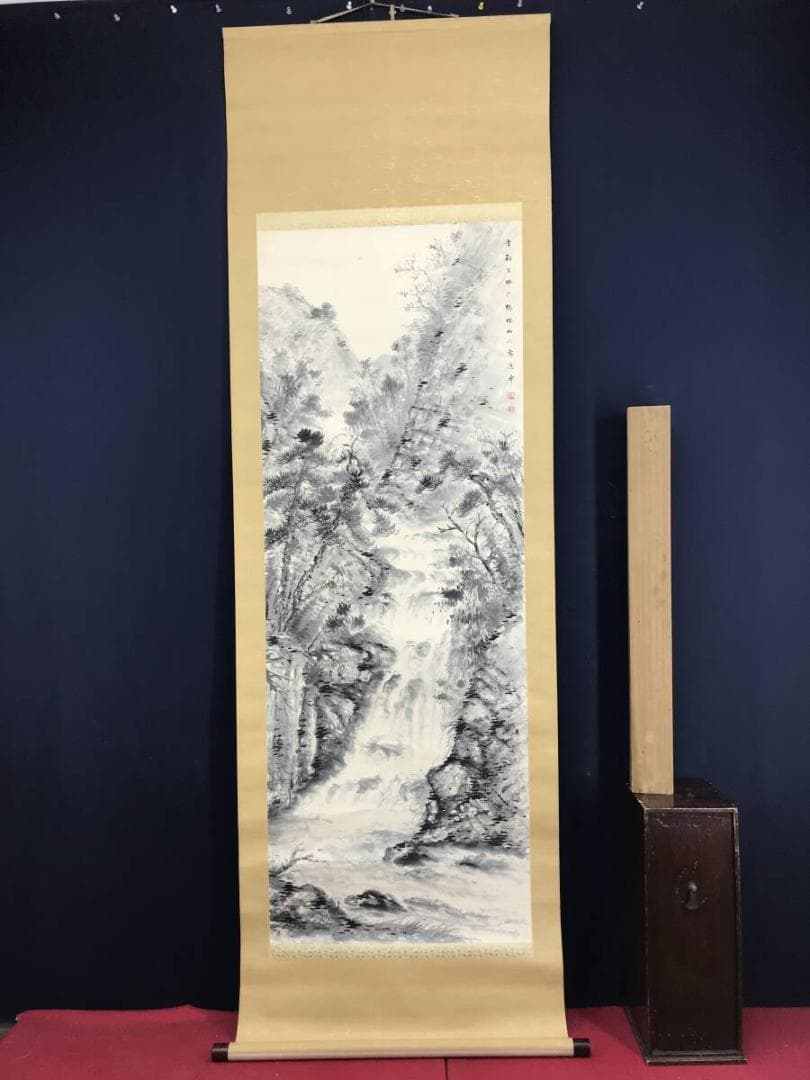 真作/河村李軒/滝山水図/水墨山水/山水図/掛軸/名家伝来AH-575