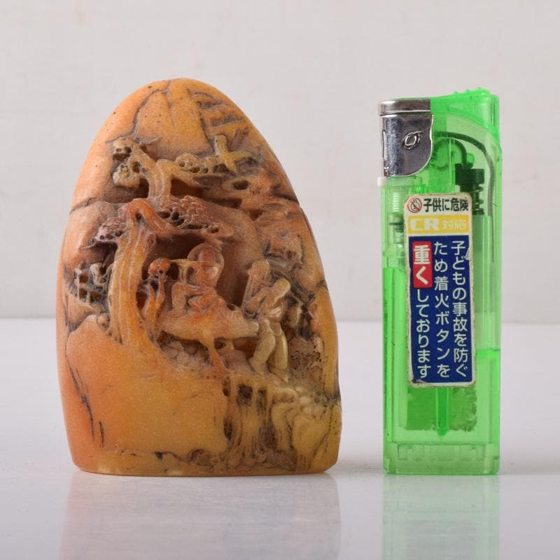 中国　篆刻　玉石田黄石彫刻　山水人物刻　印材　置物　V　7781