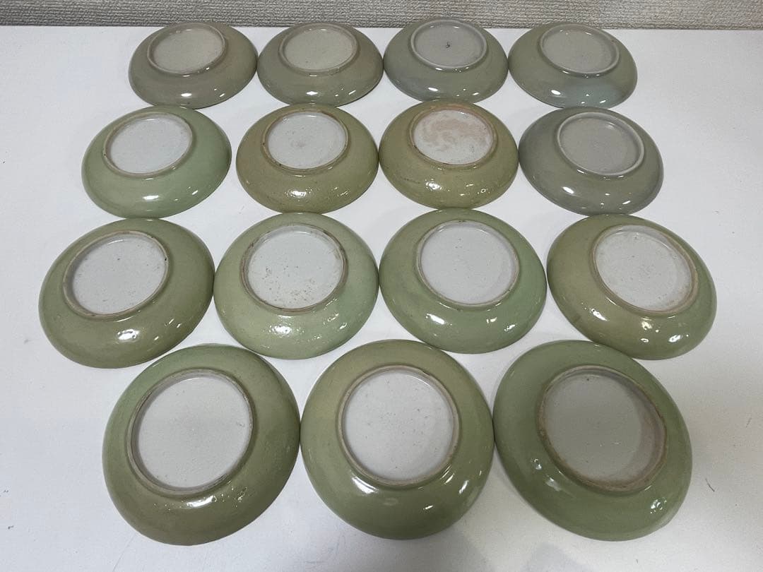 【現状品】クロム青磁 陶器 青磁 皿 風景画 アンティーク 割烹 懐石 15枚