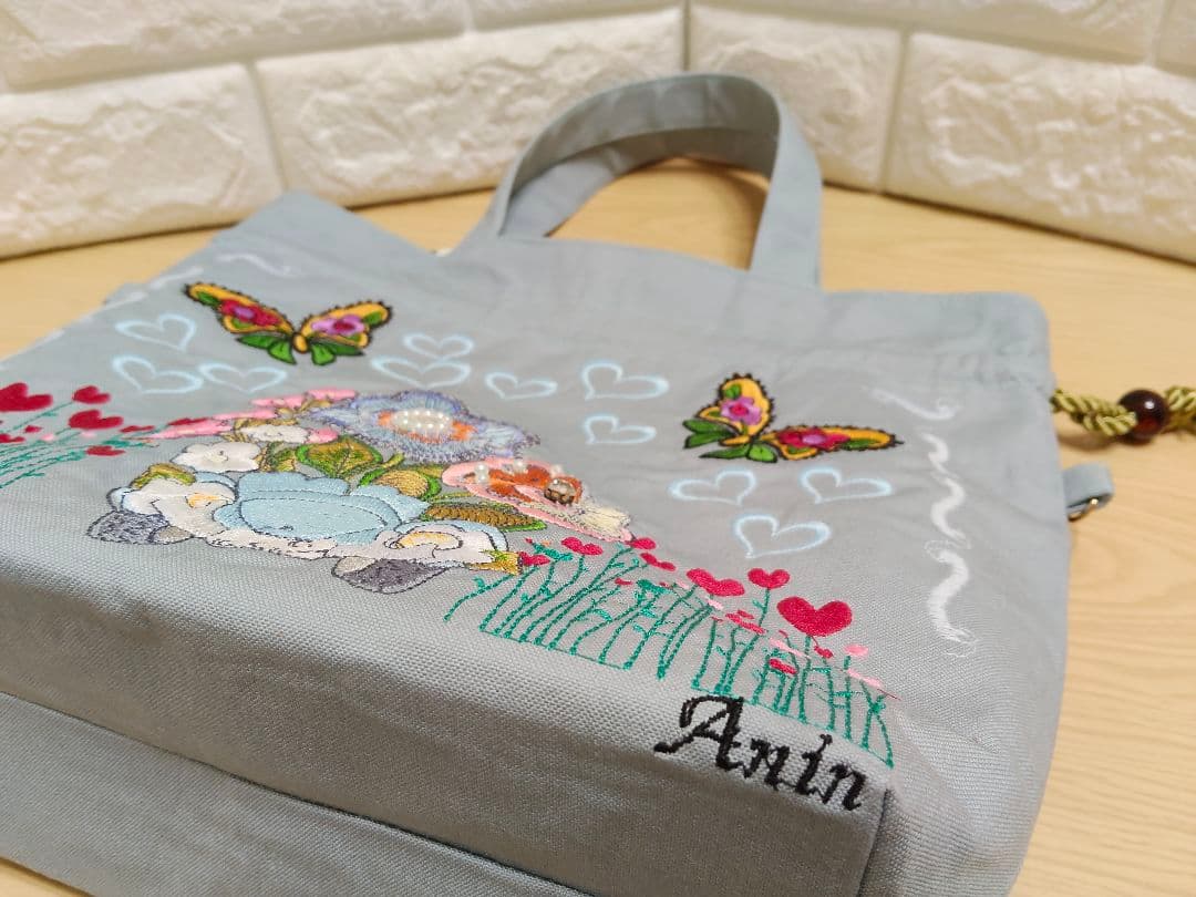 ロラライハリス　刺繍　巾着　ショルダーバッグ　2WAY　帆布　ハンドメイド