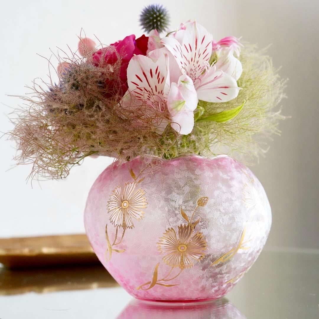 極希少★美品1900年 オールド サンルイ 金赤＆金彩 アシッドエッチング 花瓶