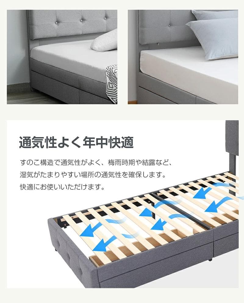 ファブリックベッド【ダブル】　引き出し付き　布貼り　大人用　DARK　GREY