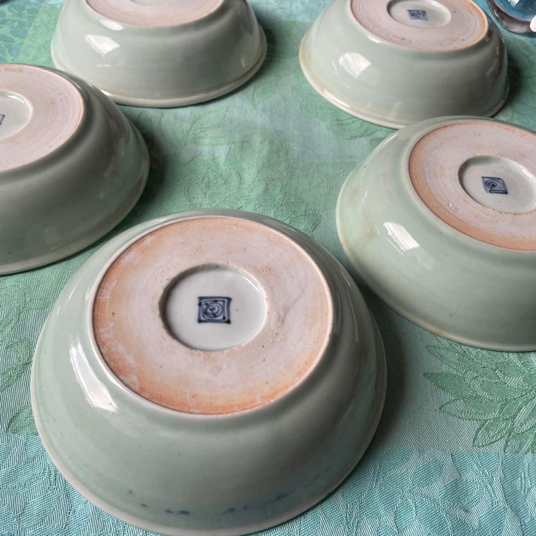古伊万里　染付　白梅　青磁　膾皿　5客