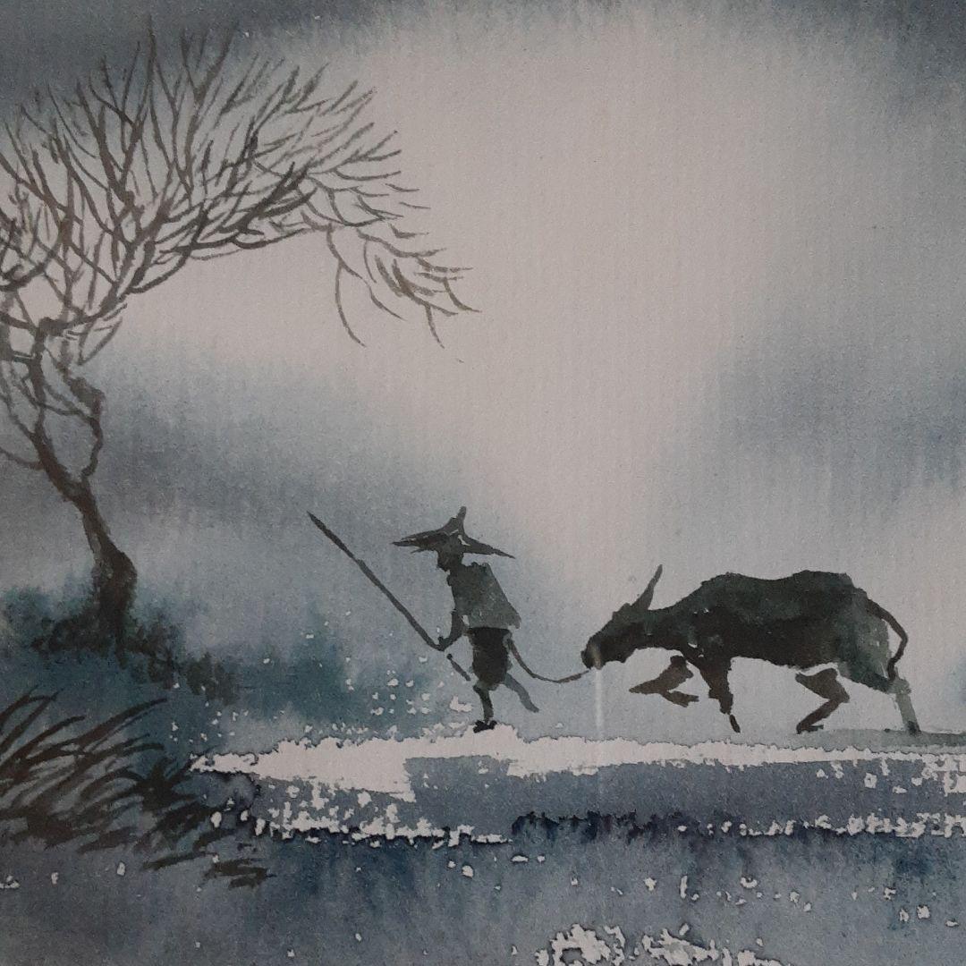 水彩画　牛と人物　風景 S