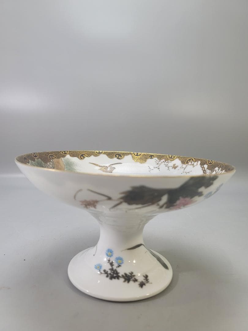 明治 九谷 金彩 草花鳥梟細密画 高碗 超絶技巧 美品 DT803