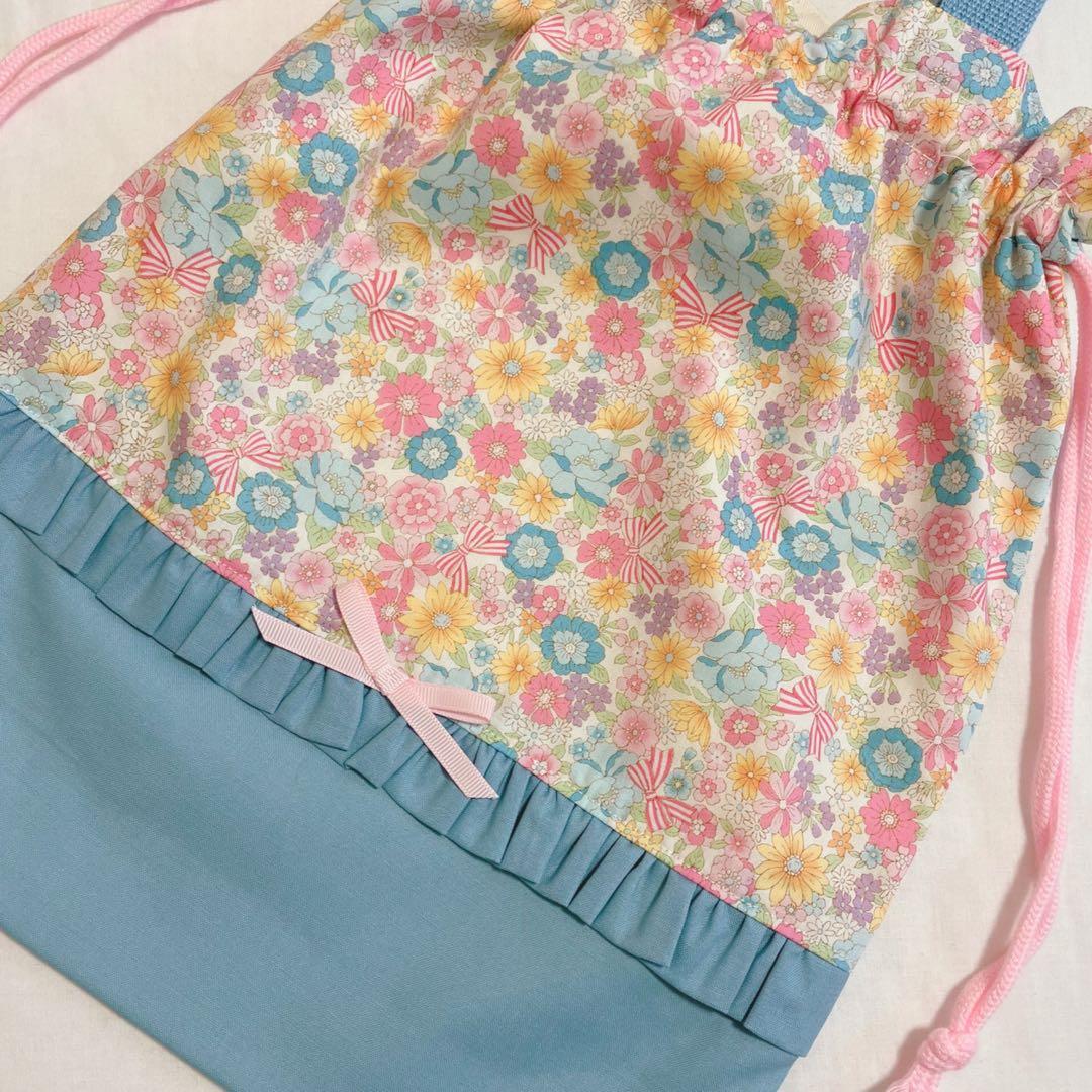 リボンフラワー レッスンバッグ シューズ袋 お着替え袋 ハンドメイド