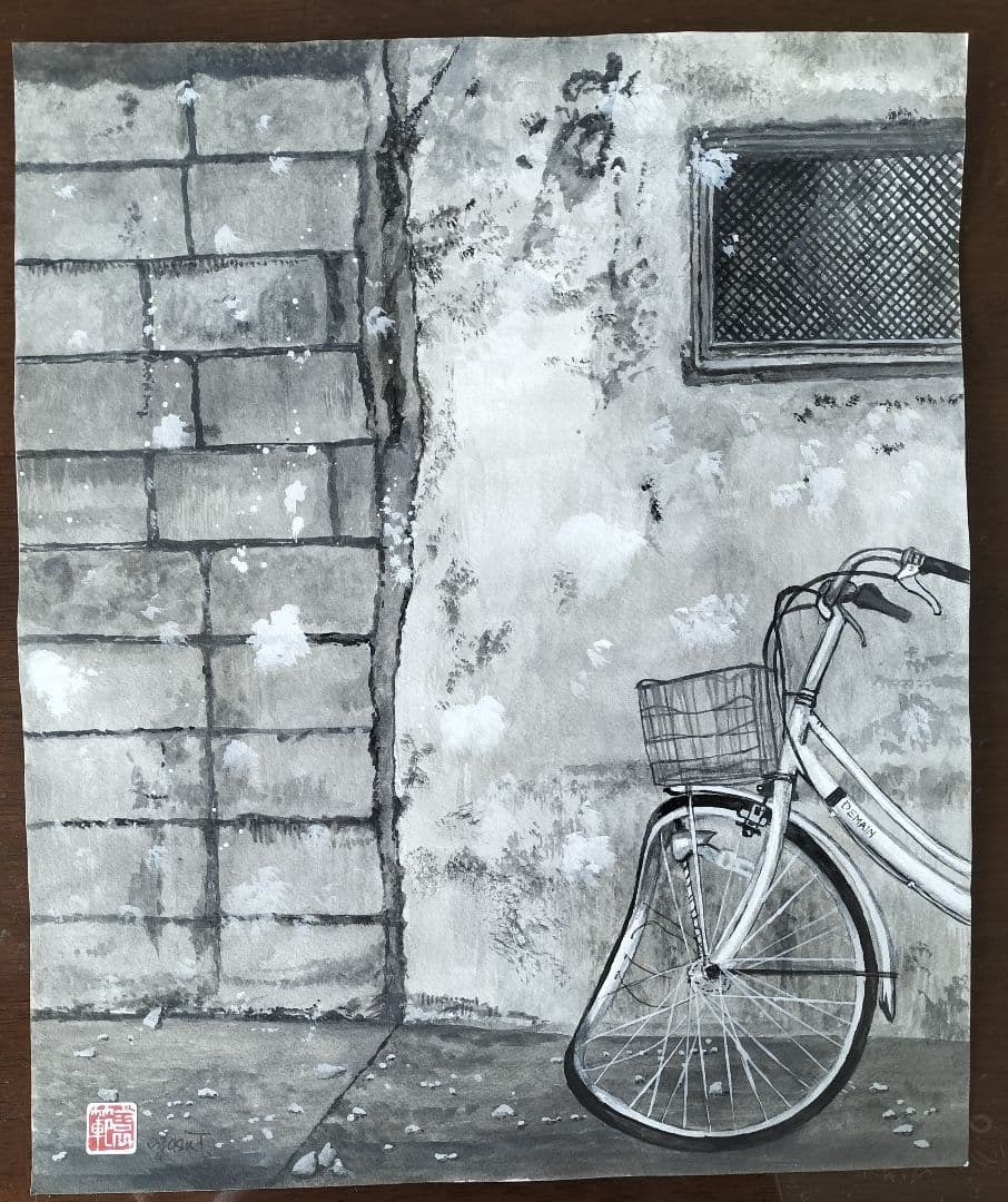 水彩画 自転車と壁の風景 F8号サイズ