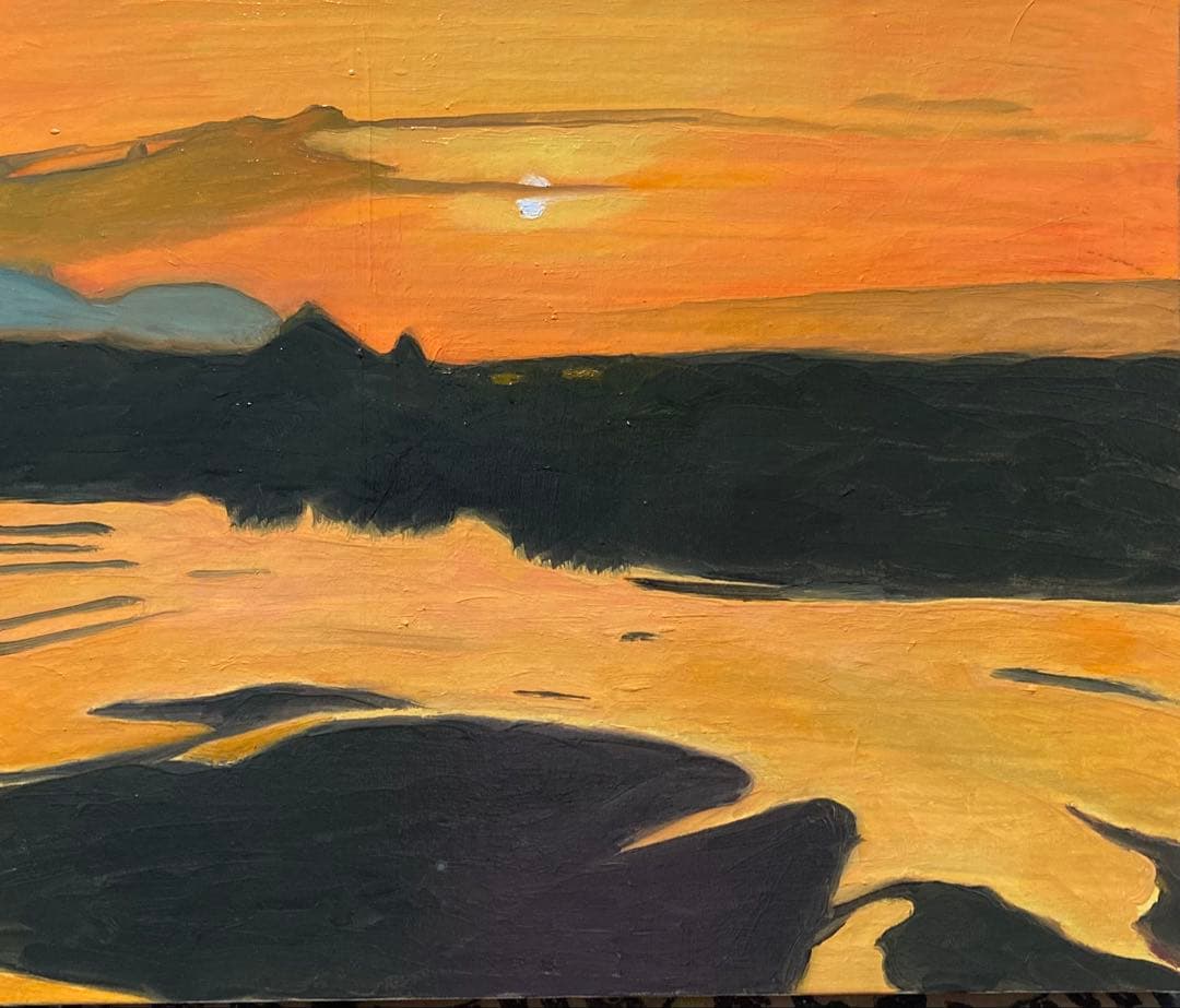 油彩画　斐伊川夕景　絵画のみＦ８号