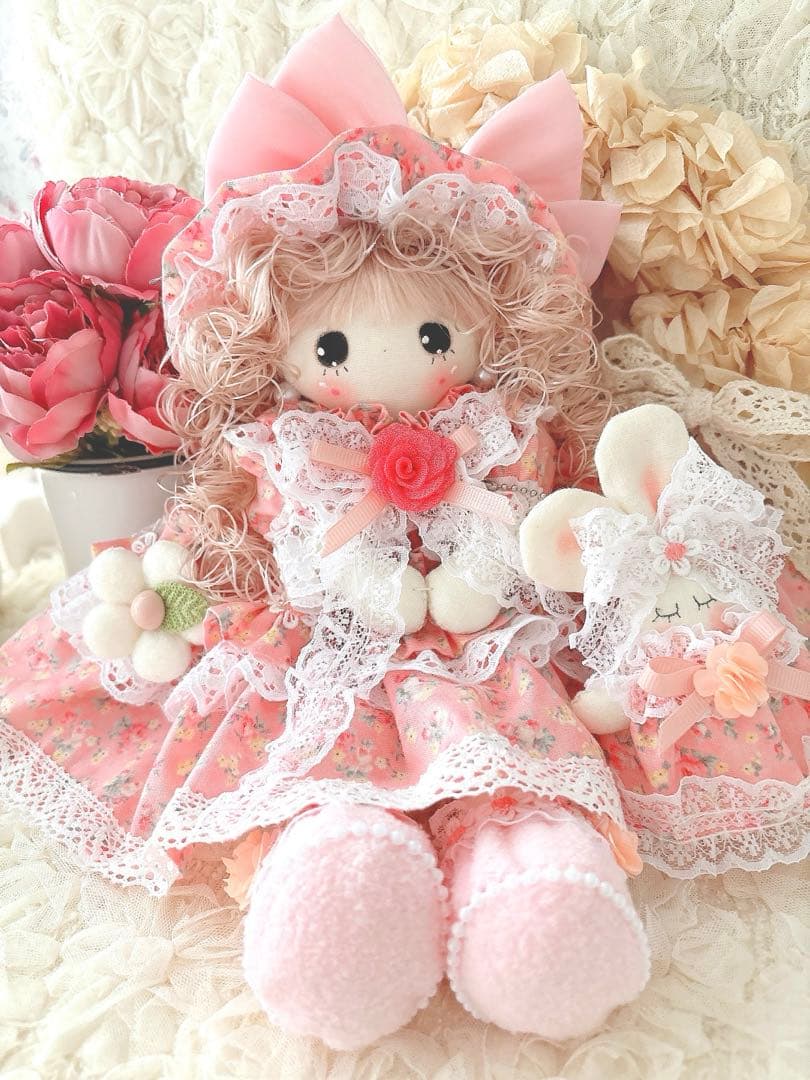 カントリードール♡ハンドメイド♡お人形♡お花柄♡大きいリボン♡ピンク♡