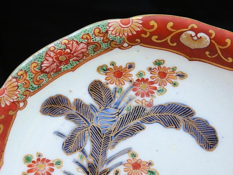 古伊万里　色絵　芭蕉葉に花の図　５寸皿　２枚　A674AS-CFw