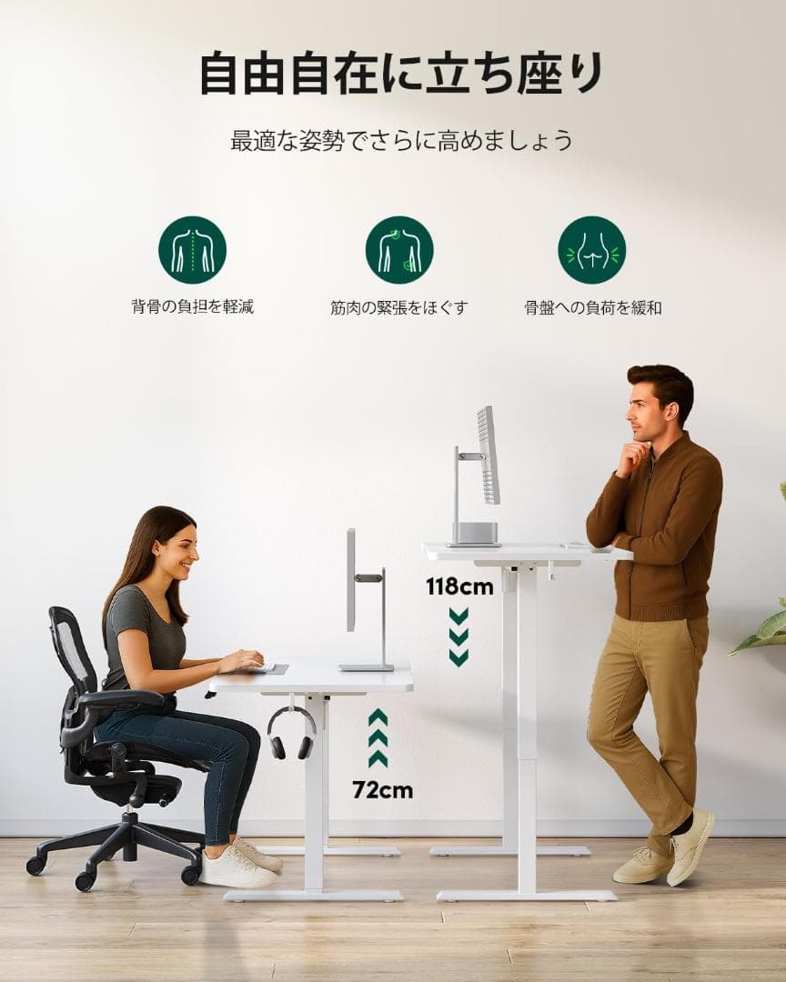 電動昇降デスク ホワイト 80cm x 50cm x 72-118cm 新品