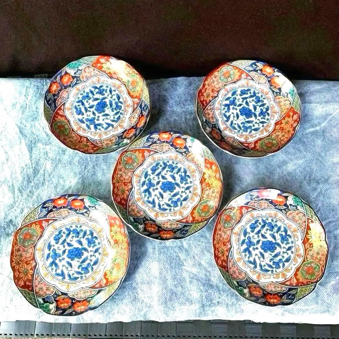 有田焼 林斎 古伊万里 色絵　赤絵　金彩　捻り吉祥紋　小皿 五枚