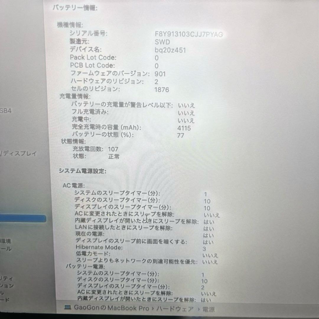 2019年 MacBook Pro 13インチ (16GB, 1TB SSD)