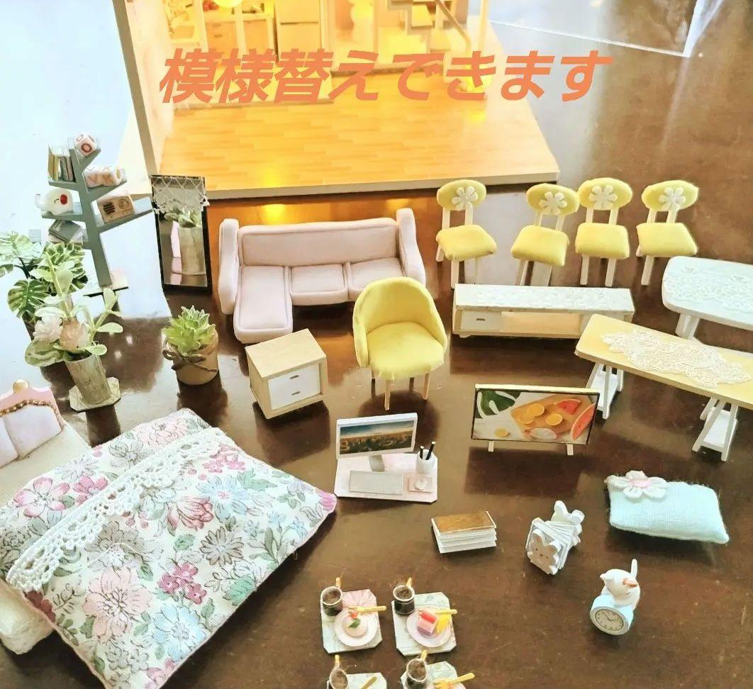 *完成品*ドールハウス 2階建て 防塵カバー 春色 ピンク屋根 ティータイム