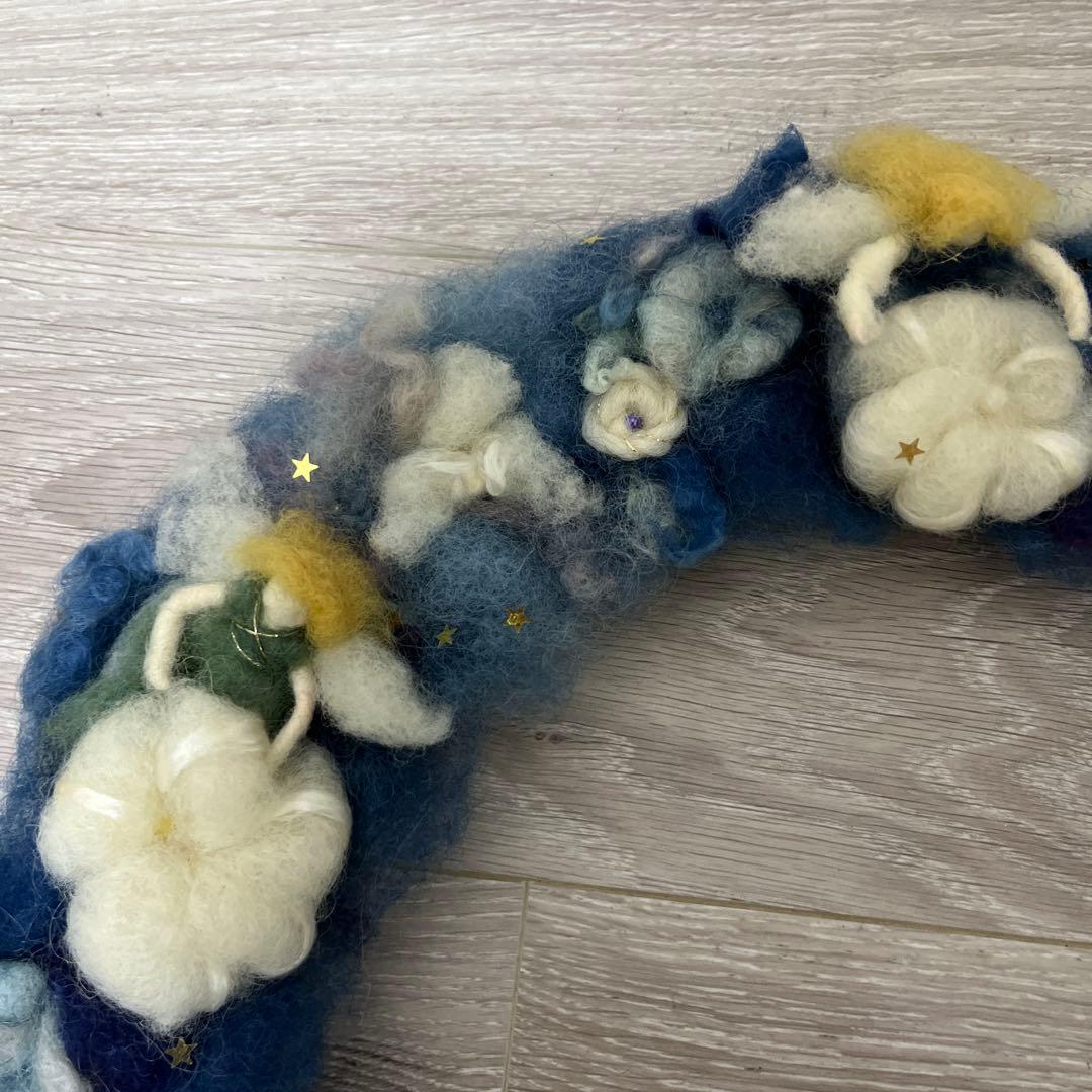 ハンドメイド　全て羊毛　天使とお花のリース　染〜製作まで