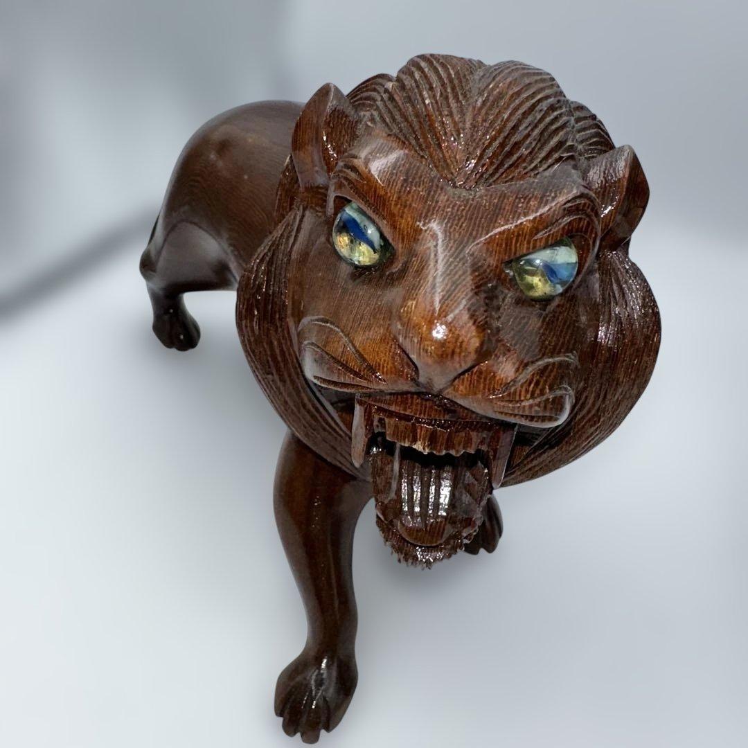魔除け骨董品ライオンの木製彫刻 2体セット