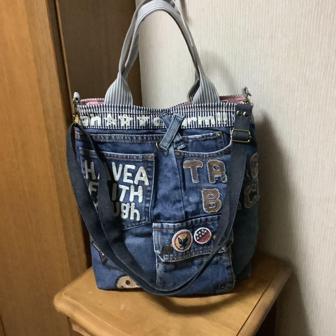 ハンドメイド　リメイクデニムトートバッグ　 Dカン＆ショルダーストラップ付き