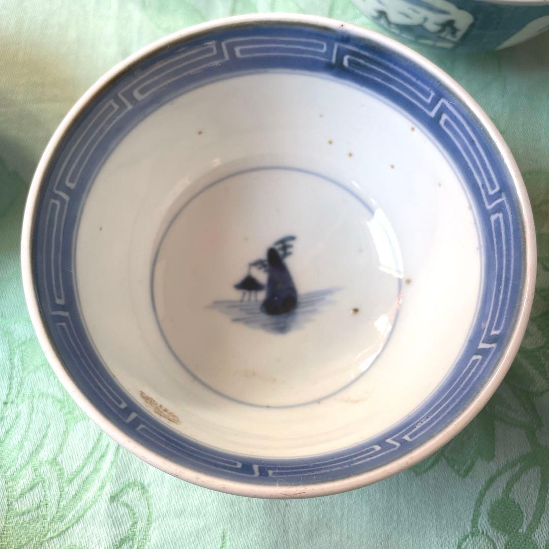 古伊万里　染付　墨弾き　蓋物　3客