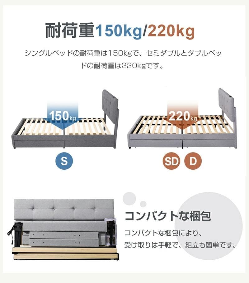 ダブル ファブリックベッド引き出し・コンセント付き北欧風 DARKGRAY