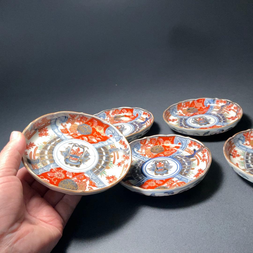伊万里金襴手 花籠図小皿５枚組　桐箱付　∅11　骨董　古伊万里　R1292お12