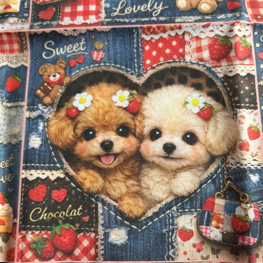 オーダー製作　デニムパッチワーク　犬柄パネル生地　柴犬　パグ　マルチーズ
