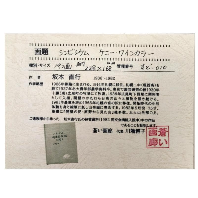 ☆坂本直行☆「 シンビジウム ケニー・ワインカラー） 」ペン画　太子　未使用!