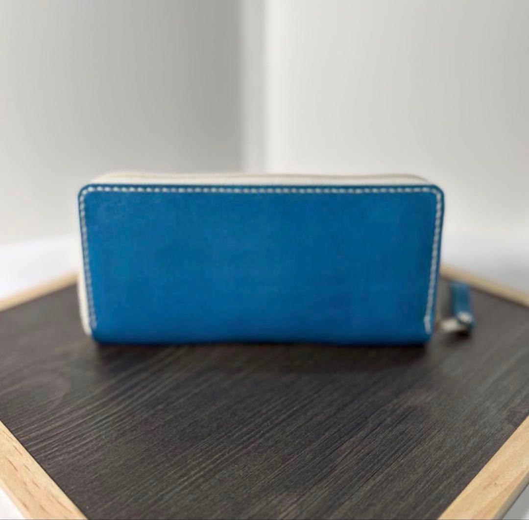本革 ラウンドファスナー長財布 ラウンドジップ 長財布 青 手染め ハンドメイド