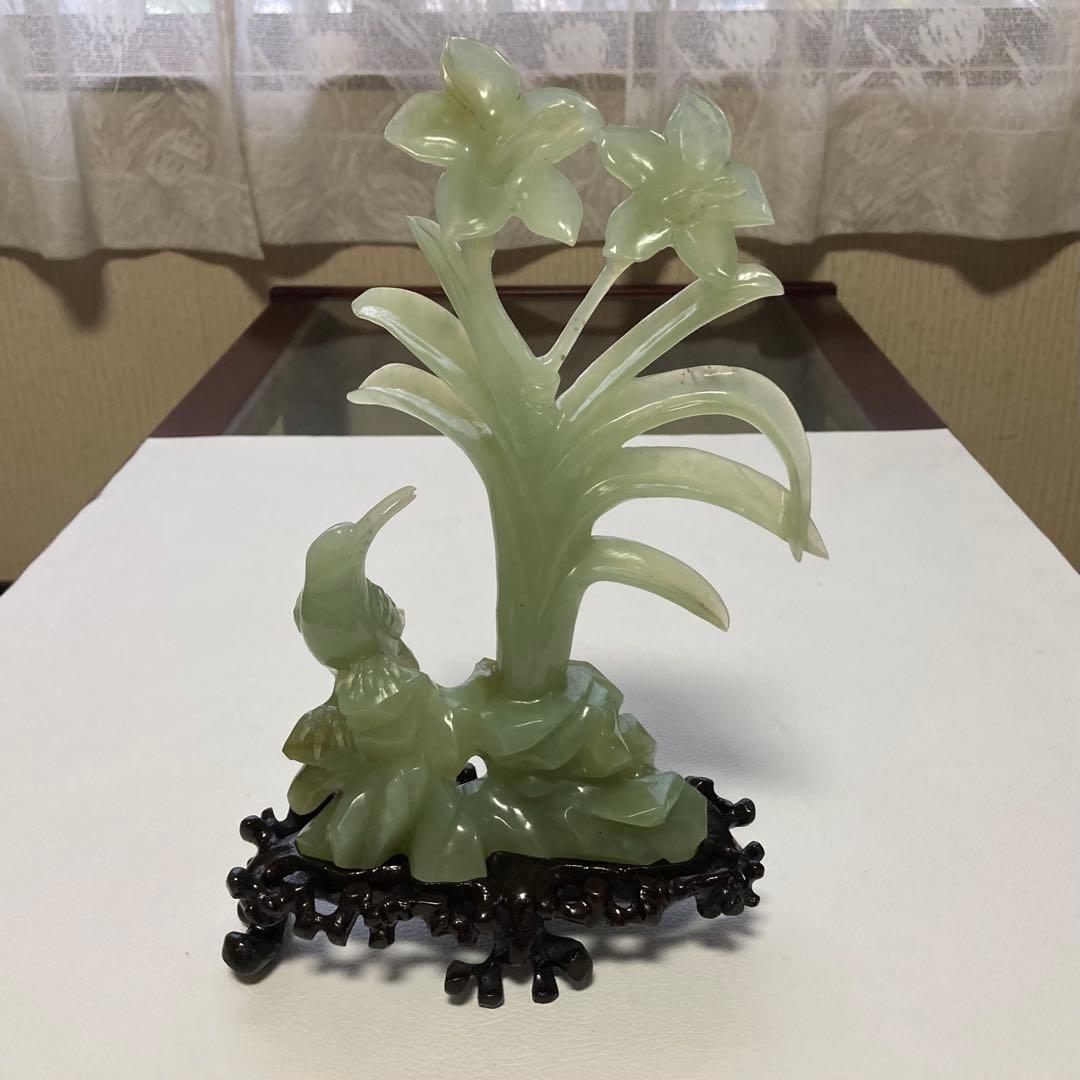 翡翠 置物 オブジェ 花 鳥 彫刻 工芸品 美術品 骨董 レトロ