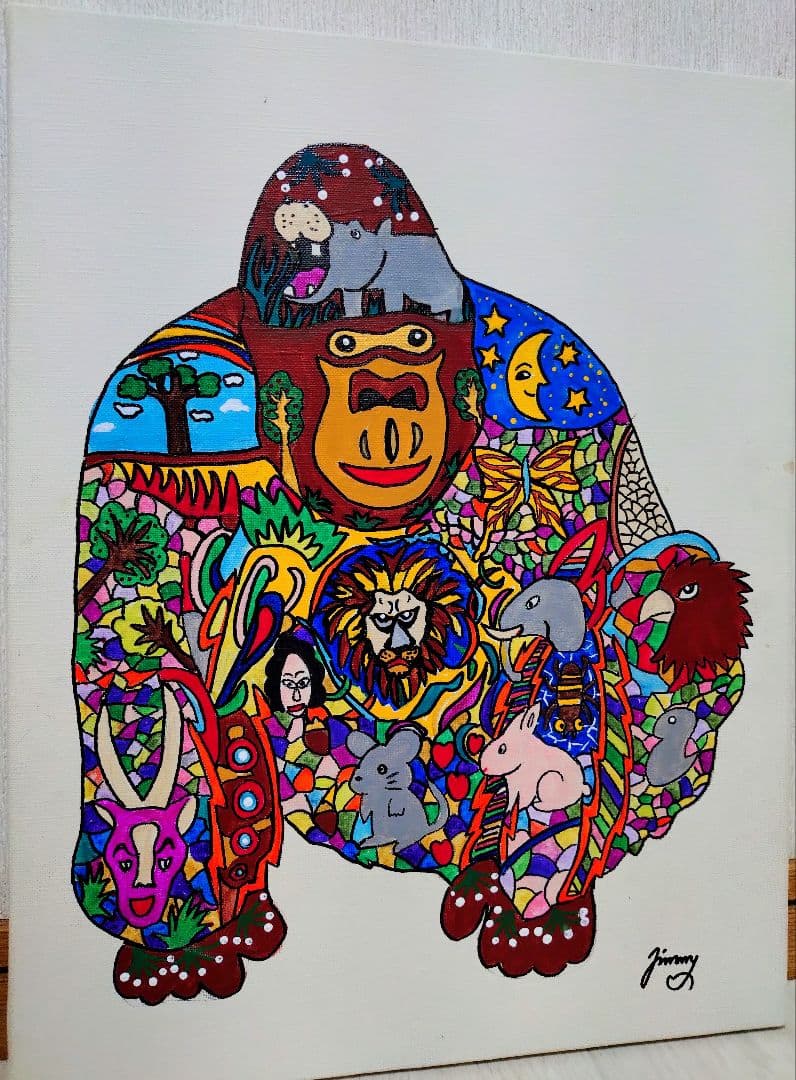 【F6号】ジミー大西【ゴリラ】手描き作品/表裏サイン/油彩/アクリル/絵画/額縁