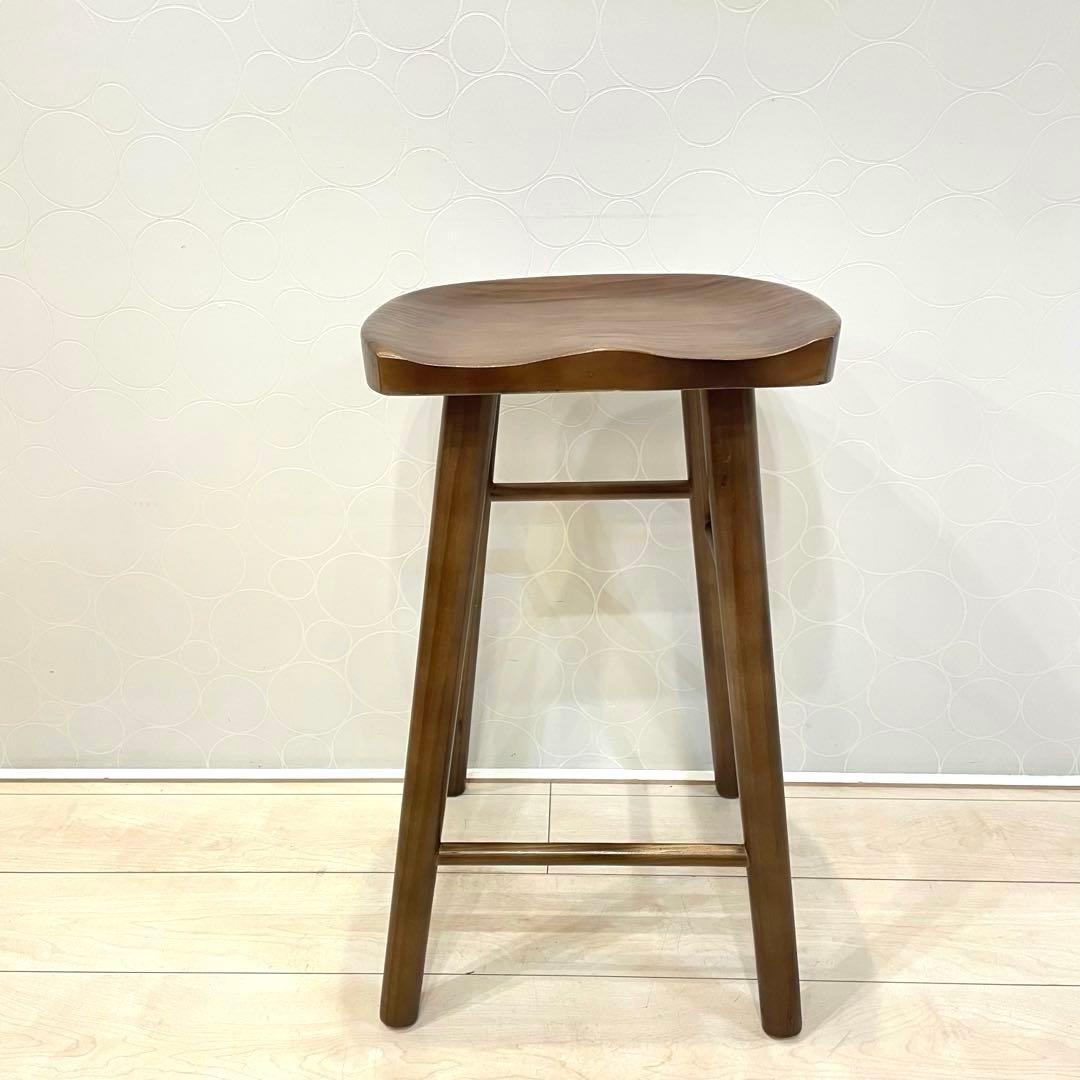 【美品】天然木 無垢材 木製スツール カウンター椅子 丸脚￼ アンティーク