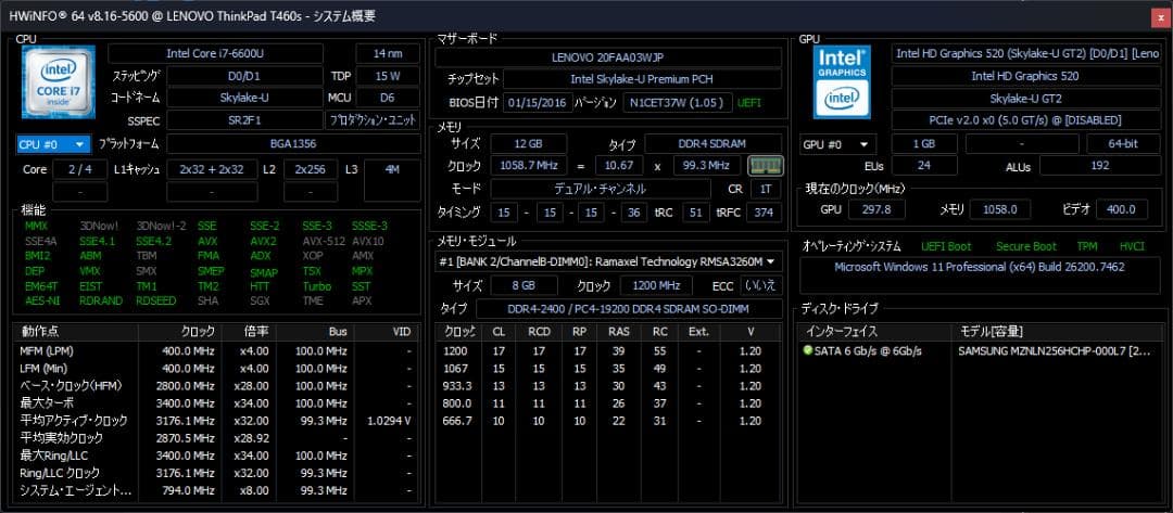 Windowsノート本体 ThinkPad T460s (i7/12/256/FHD/Win+Linux)