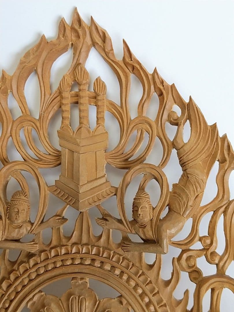 光背(3寸坐像用)#206 六飛天 角宝塔 透し彫◆白檀 木彫 仏像付属品