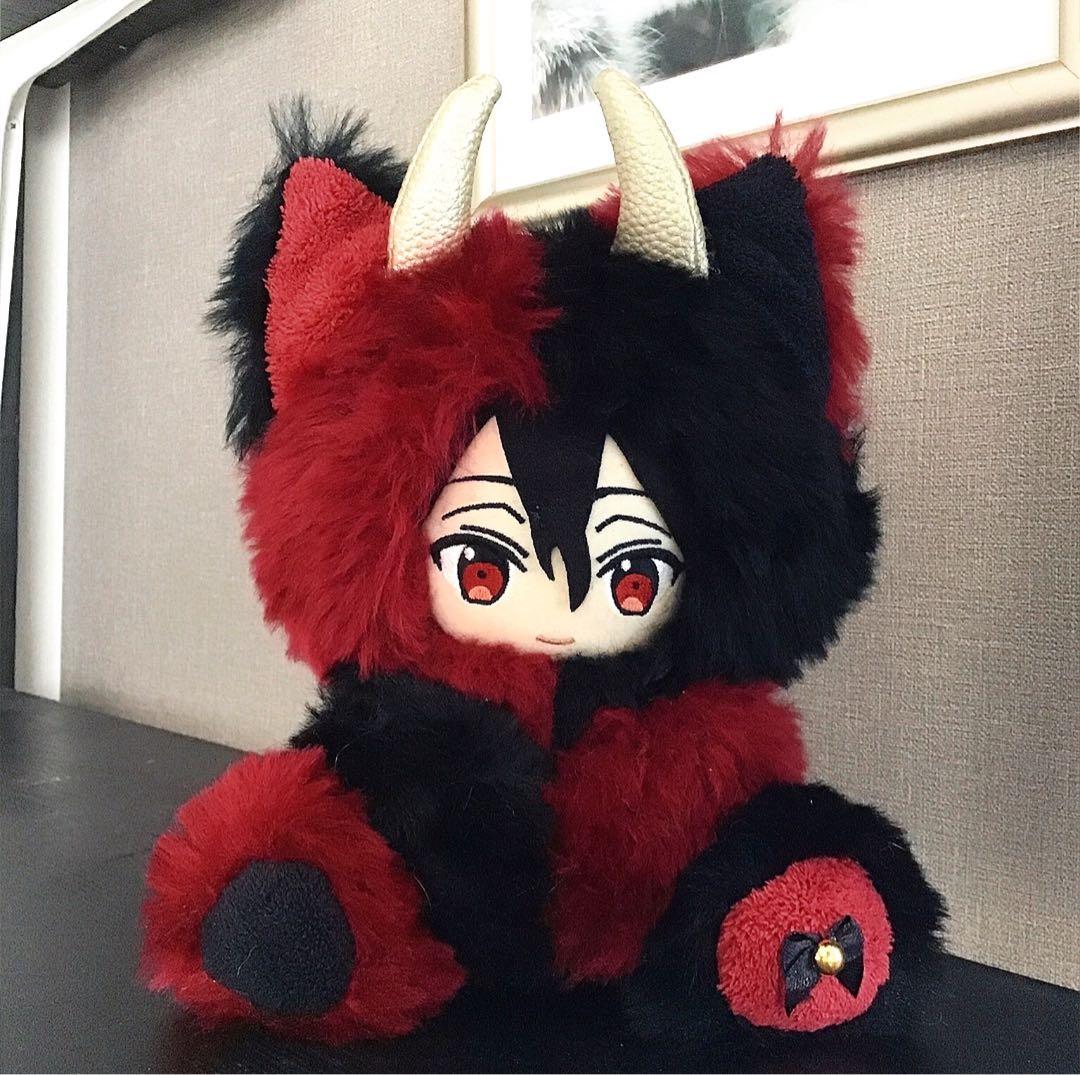 【139】ねこ　デビル　黒&ディープレッド　おすわり　ぬい服　16cm