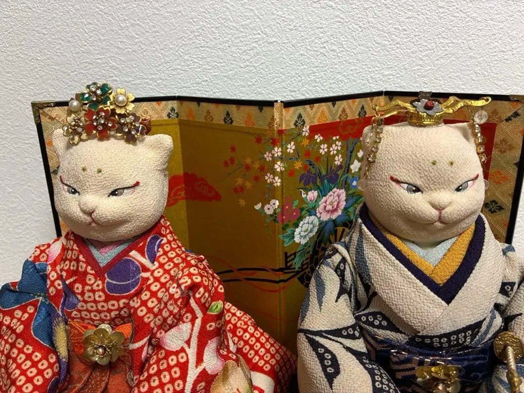 正絹・古布　ちりめん細工　雛人形　猫