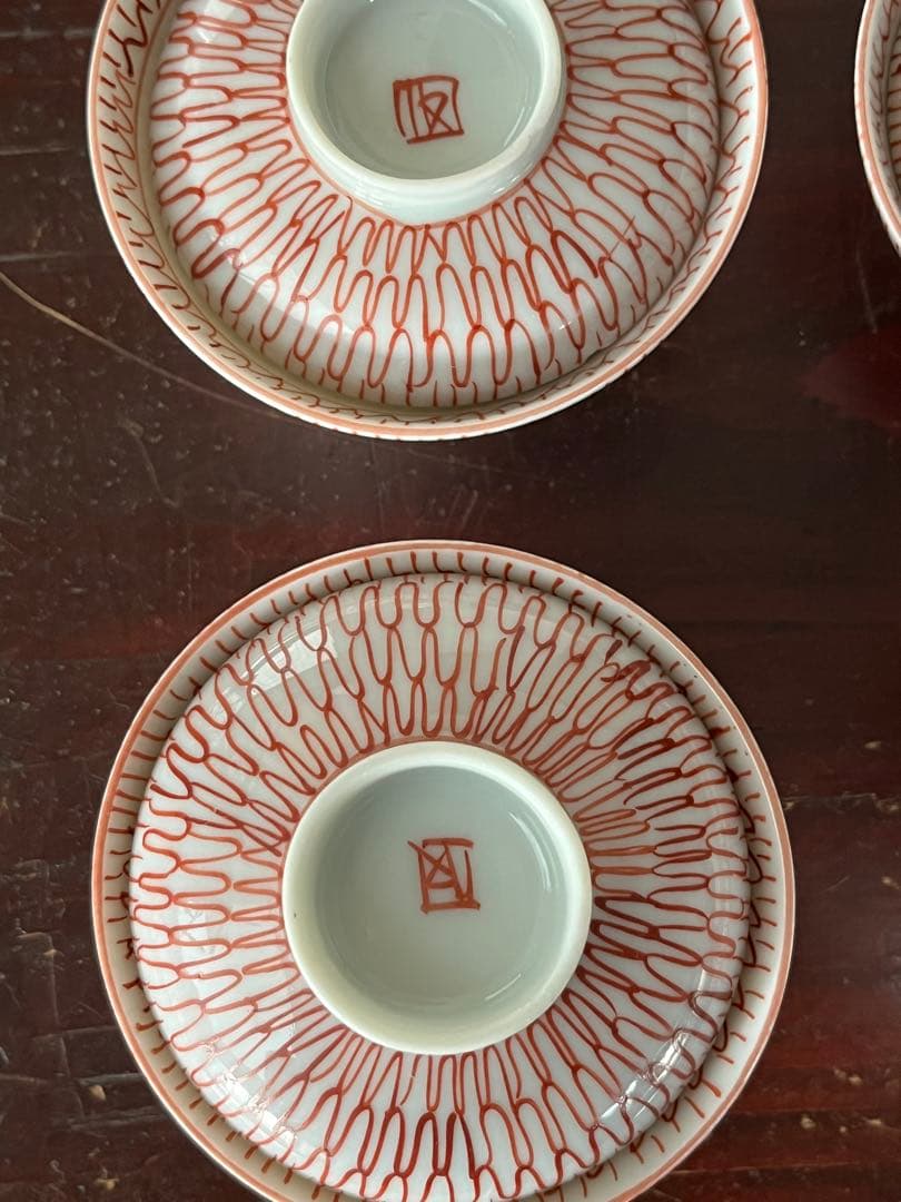 珍品　江戸後期古伊万里　網目文様　赤絵　小降り蓋付茶碗　四客　九谷